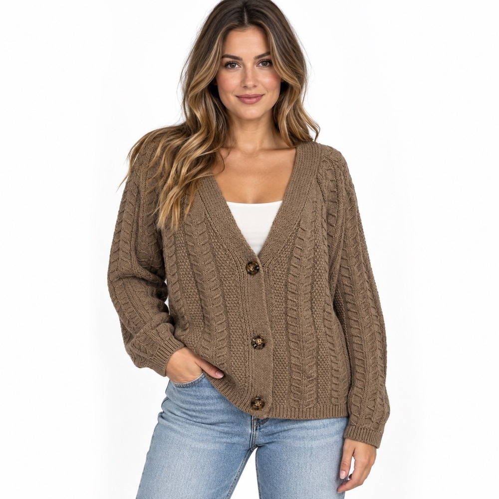 Easel Cardigan M Brown Cable Knit V-Neck Button Front Sweater ET15721
